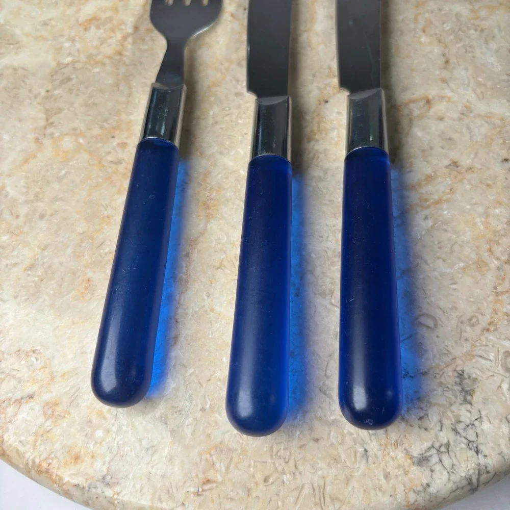 IKEA Flatware Set 3pc Blue Frosted Translucent Handle Stainless Steel Taiwan